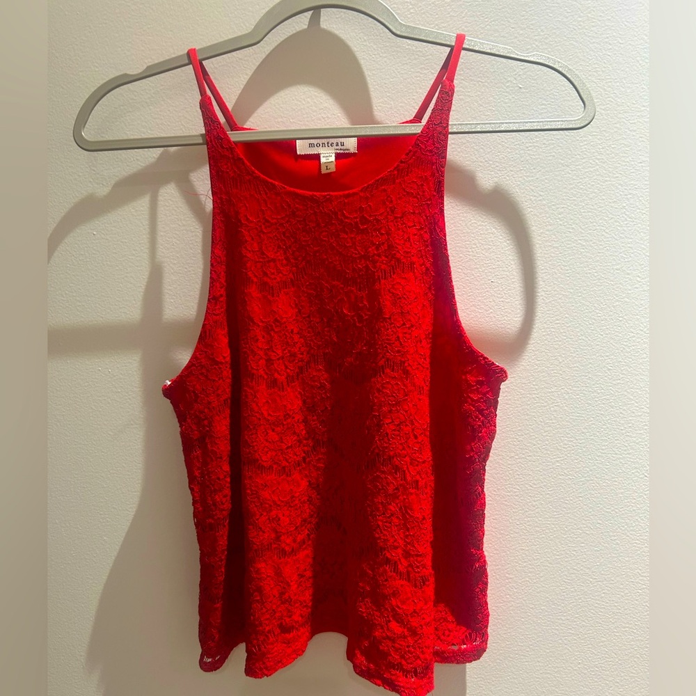 Red lace cropped top, same cut in the front and back. Very flattering!